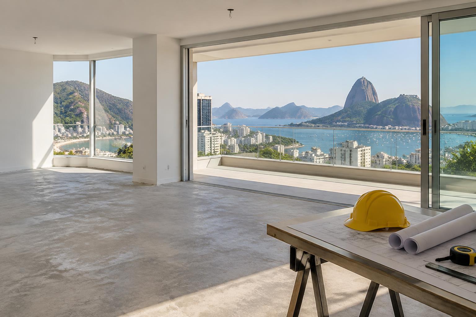 Apartamento em reforma com vista para o Rio de Janeiro, capacete e plantas de engenharia